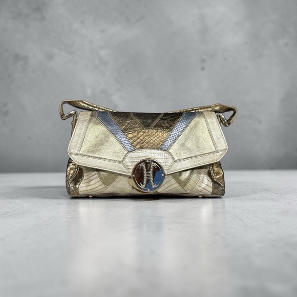 Cole Haan Paige Exotic Metallic Snake Skin Patchwork Shoulder Bag Gold Bronze - Picture 2 of 5